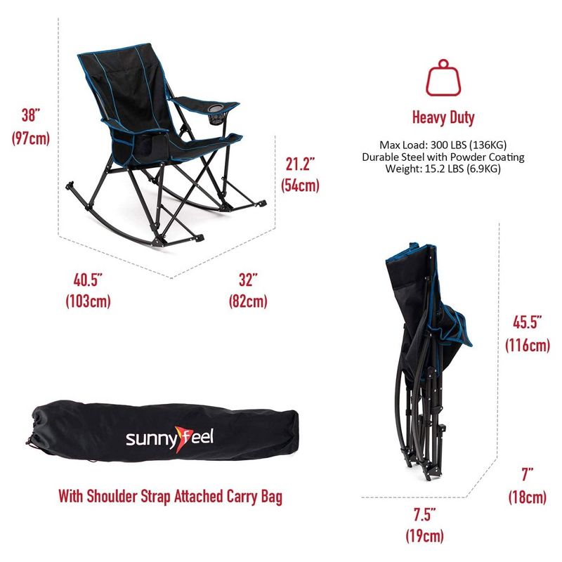 Sunnyfeel CCAC2457XBK1 Outdoor Portable Folding Rocker Camping Chair with Breathable Mesh Back, Cup Holders, Carry Bag, and Leg Locks, Black, 5 of 6
