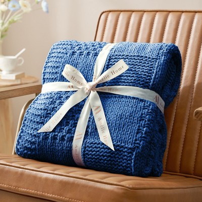Amelie Home Chenille Knit Throw Blanket – Soft Checkered Texture for Sofa, Bed, and Living Room