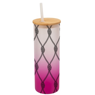 Elanze Designs Nautical Knotted Rope Pattern Wrap-Around Design 25 Ounce Frosted Gradient Glass On-The-Go Coffee Travel Skinny Tumbler Mug Cup, Bamboo