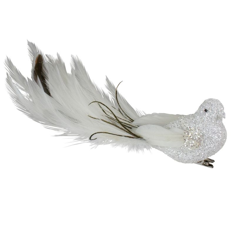 Northlight Glittered Bird with Feather Tail Clip-on Christmas Ornament - 8" - White and Black, 1 of 7