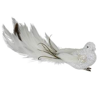 Northlight Glittered Bird with Feather Tail Clip-on Christmas Ornament - 8" - White and Black