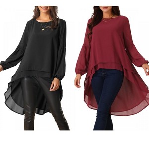 INSPIRE CHIC Women's Lantern Long Sleeve Round Neck High Low Irregular Hem Casual Blouse 2 Packs - 1 of 4