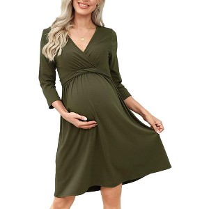 WhizMax Women's Maternity Dress 3/4 Sleeve V Neck Nursing Dresses Casual A Line Ruffle Party Midi Dress - 1 of 4