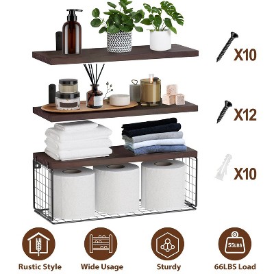 Munora 2-in-1 Floating Shelves with Storage Basket - Rustic Wooden Wall Shelves for Bathroom, Bedroom & Kitchen (15.7"x5.9")