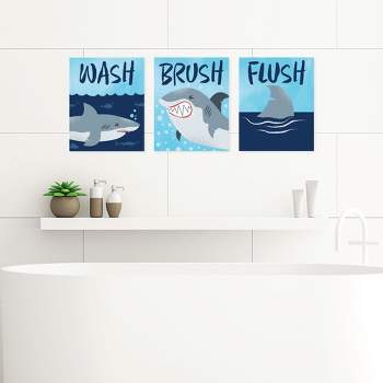 Big Dot of Happiness Shark Zone - Unframed Wash, Brush, Flush - Jawsome Shark Bathroom Wall Art - 8 x 10 inches - Set of 3 Prints