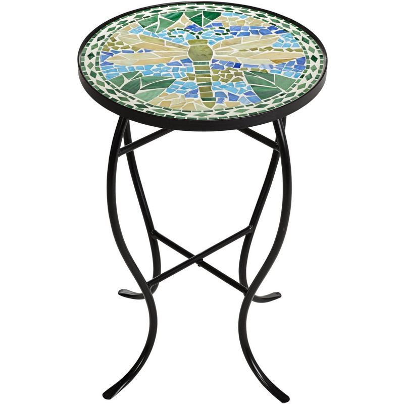 Teal Island Designs Modern Black Round Outdoor Accent Side Table 14" Wide Blue Green Dragonfly Mosaic Tabletop Front Porch Patio Home House, 5 of 8