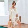 Bohomeian Tassel Cover Up Dresses Crochet Semi Sheer Linen Beach Dress for Bathing Suits Elbow Sleeve Round Neck Boho Dress - 3 of 4