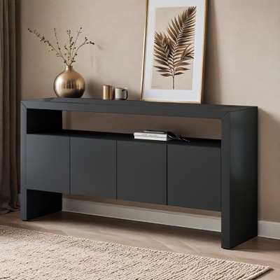 60" 4-Door Sideboard, Modern Minimalist Solid Wood Veneer Sideboard with Open Shelf, Natural Wood Grain - Leovsnove