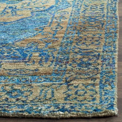 Teal and Beige Hand-Knotted Wool and Viscose Area Rug
