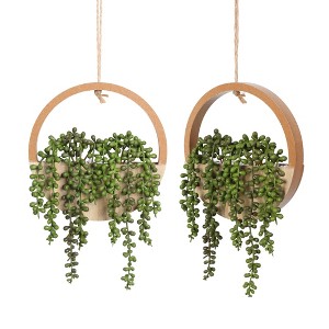 Aoibox 2 Pack Artificial Succulent Hanging Plants, 12.2" Fake String of Pearls in Wooden Pot with 8.3" Rope for Indoor Outdoor Wall Decor - 1 of 4