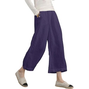 ECUPPER Womens Cotton Cropped Pants Loose Fit Wide Leg Capri Casual Plus Size Elastic Waist Trousers - 1 of 4