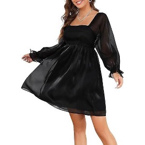 Womens Long Puff Sleeve Square Neck Long Puffy Dress Babydoll Mesh Midi Dress - 1 of 4