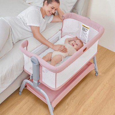 Image of BabyBond Baby Bassinet 3 in 1 Bedside Sleeper with Soft Mattress and Sheet 6 Height Adjustable Cosleeper Bedside Crib Pink