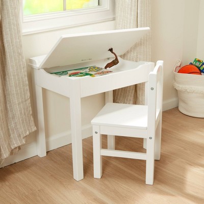 White Wooden Child's Writing Desk with Lift-Top and Chair