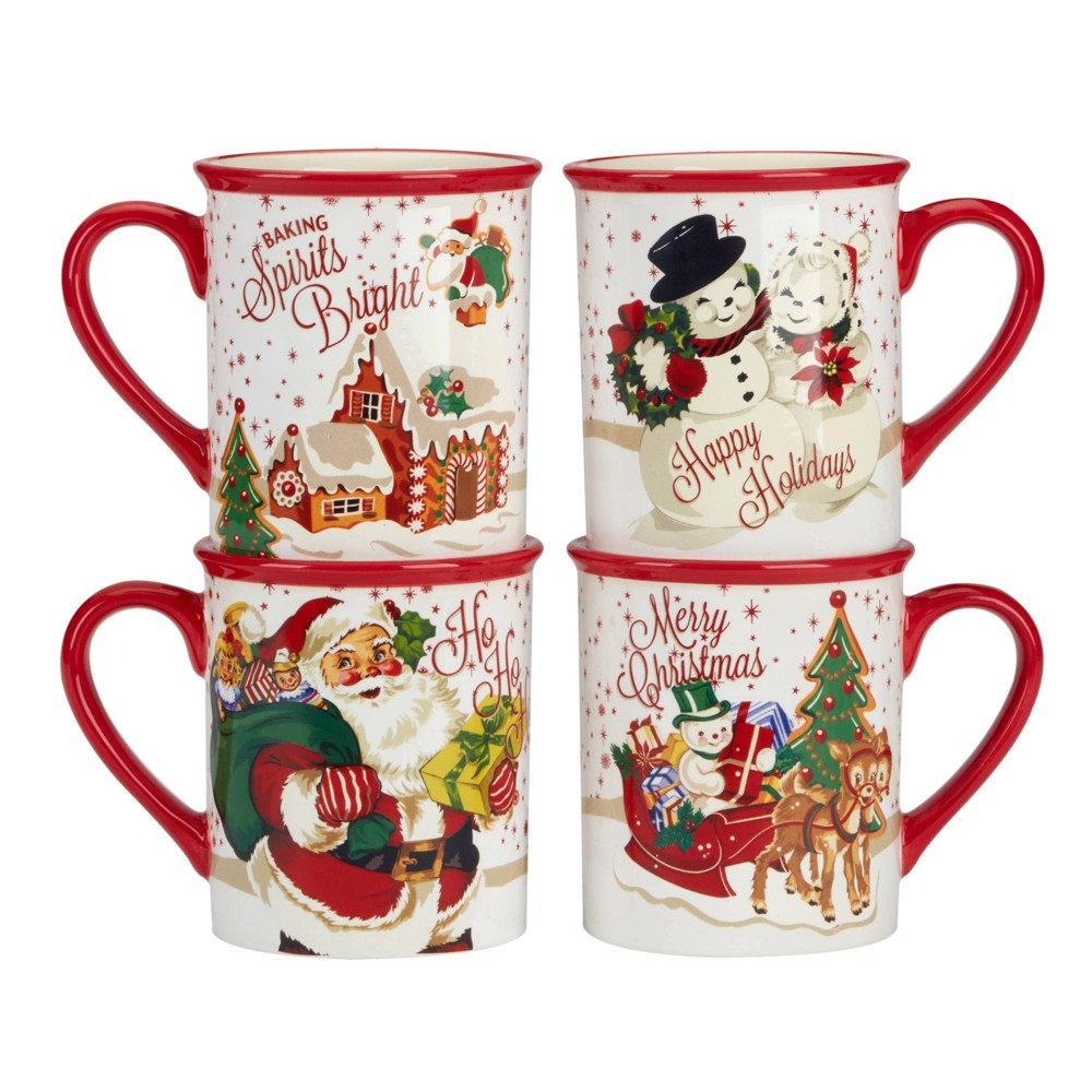 Photos - Glass Certified International Set of 4 18oz Santa's Retro Christmas Mugs 