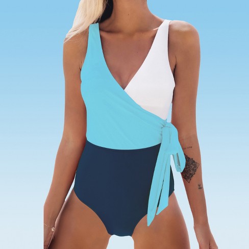 Women's Color Block Tie Side One Piece Swimsuit - Cupshe-Blue-X-Small