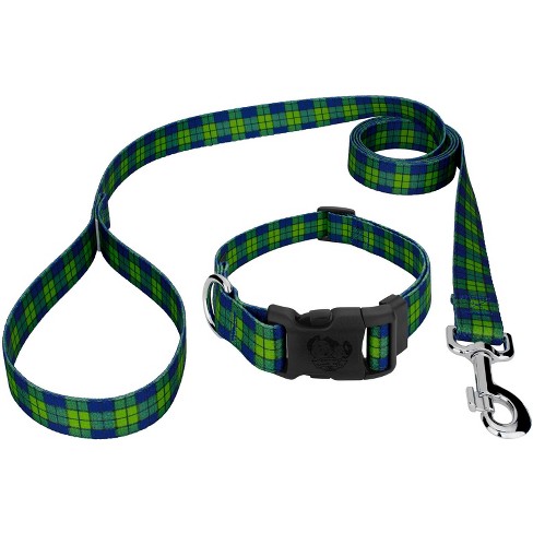 Blue tartan dog store collar and lead