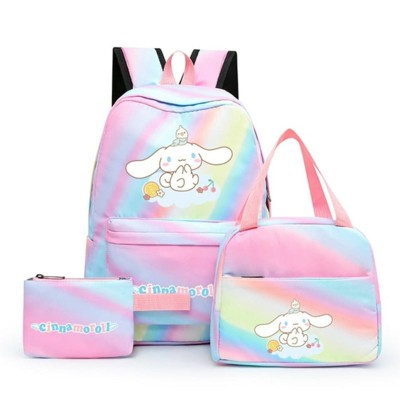 Cute Small Everyday Backpack Set Cinnamoroll Print Pastel Rainbow Tie-Dye 3 Piece