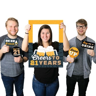 Big Dot of Happiness Cheers and Beers to 21 Years - 21st Birthday Party Selfie Photo Booth Picture Frame and Props - Printed on Sturdy Material