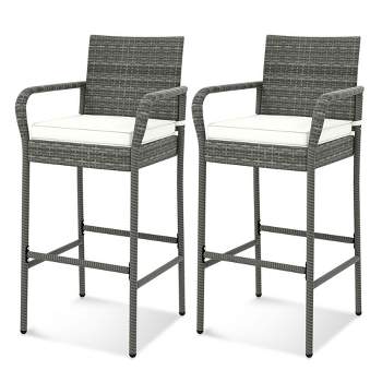 Costway 2/4 PCS Patio PE Wicker Bar Chairs Counter Height Barstools With Armrests &Cushions