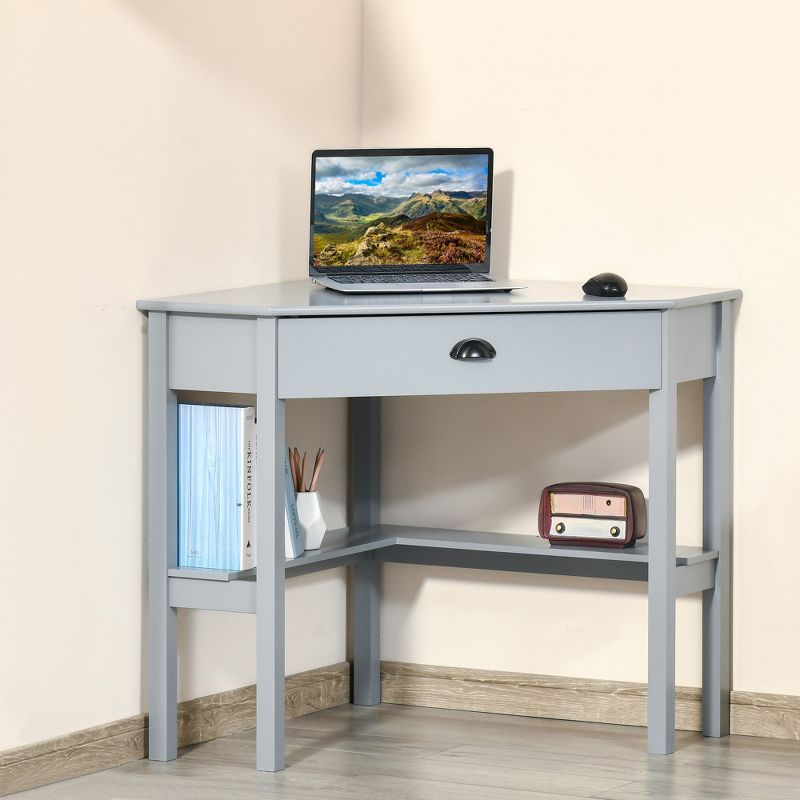 HOMCOM Corner Desk, Triangle Computer Desk with Drawer and Storage Shelves for Small Spaces, Home Office Workstation for Living Room, or Bedroom, 2 of 7