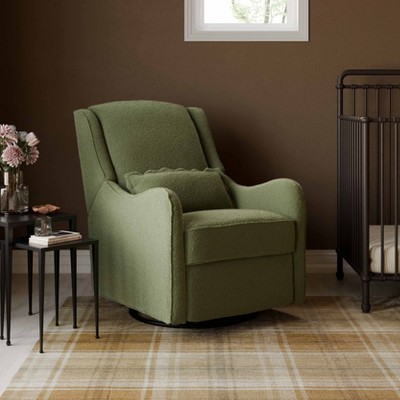 Olive Boucle Swivel Recliner with Wood Base