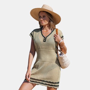 Women's Crochet Knit Cutout V-Neck Mini Cover-Up Dress - Cupshe - 1 of 4