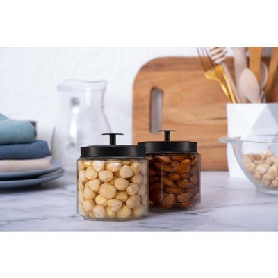 Clear Glass Round Kitchen Canister Set with Black Lids, 50 oz, Set of 2