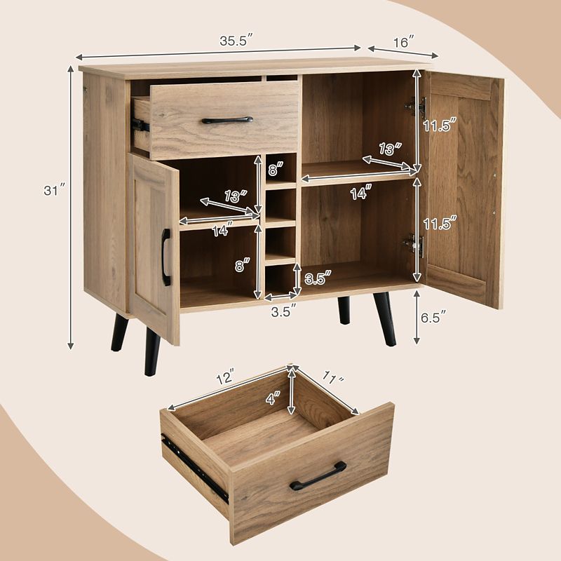 Costway 2-Door Wine Bar Cabinet Kitchen Sideboard Buffet with Drawer & Adjustable Shelves, 2 of 11