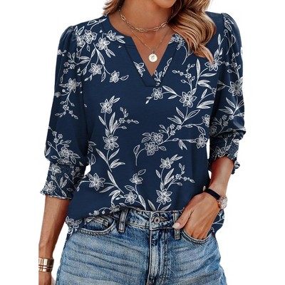 Women Print Tops Dressy Casual Shirts Smocked Cuffs 3/4 Sleeve Tees Boho Tunic