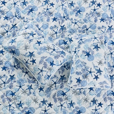 King Blue Microfiber Reversible Coastal Quilt Set