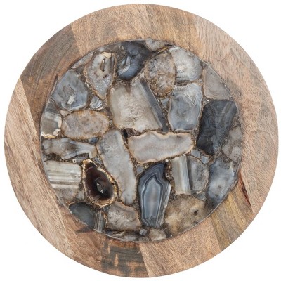 15'' Transitional Black Agate & Wood Round Side Table