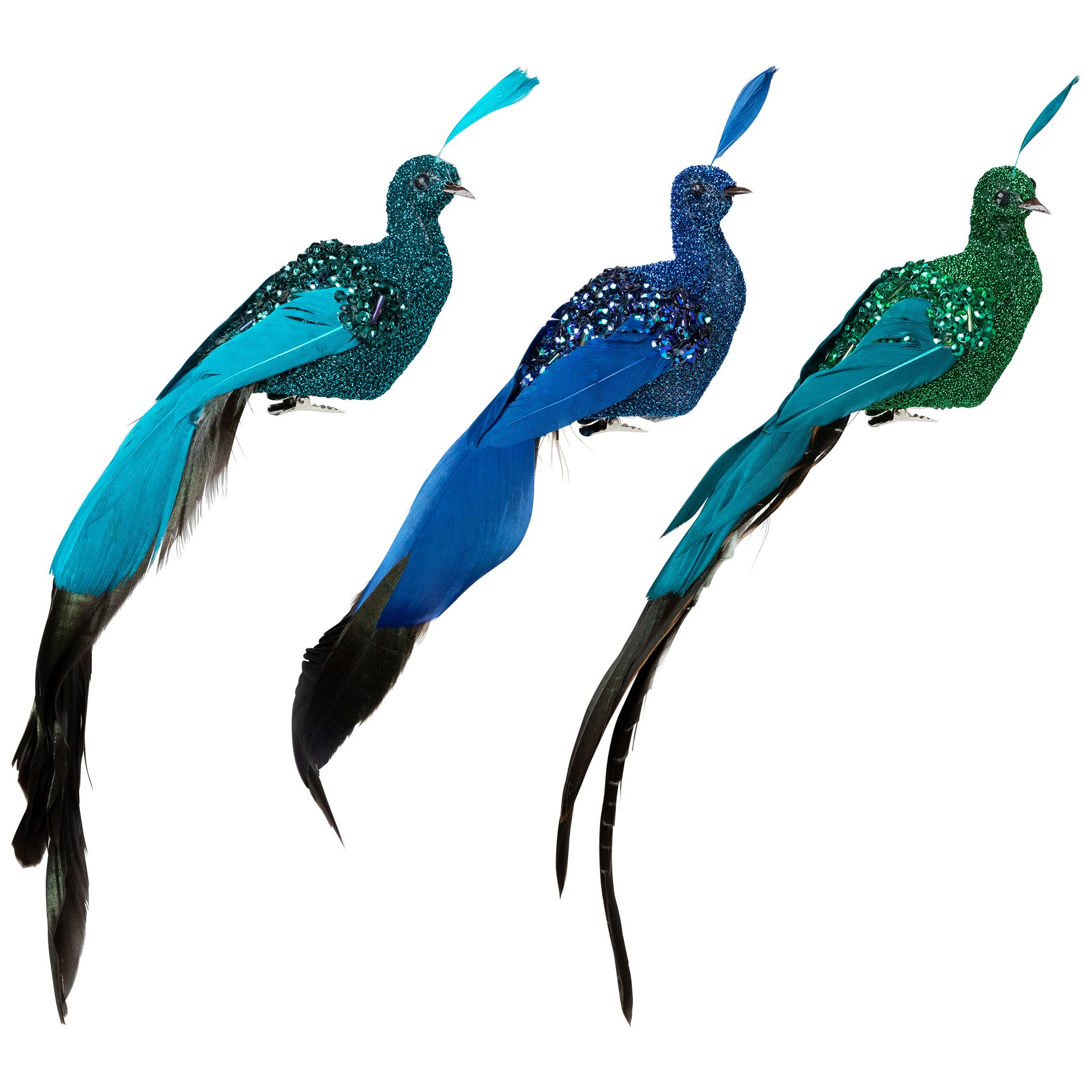 Northlight Sequin Peacock Clip-on Christmas Ornaments - 9" - Blue and Green - Set of 3