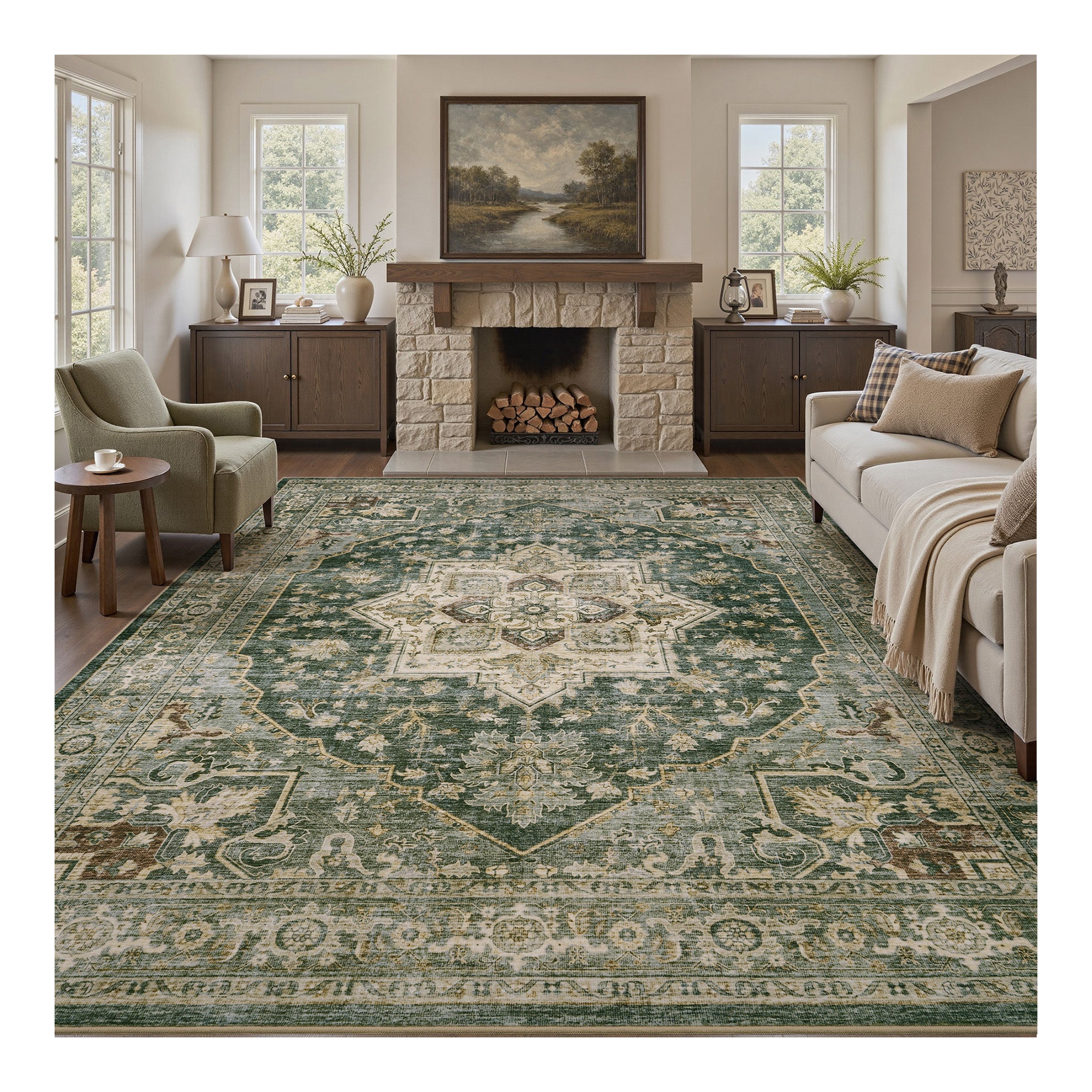 Soft Medallion Washable Rug; 8x10'; Green