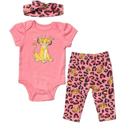 Disney Lion King Simba Newborn Baby Girls 3 Piece Outfit Set: Cuddly Bodysuit Fashion Pants Headband Pink 0-3 Months