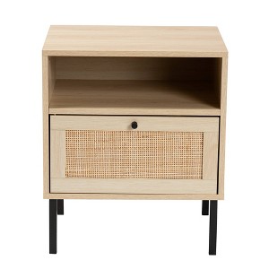 Caterina Wood and Natural Rattan 1 Door End Table Natural Brown/Black - Baxton Studio: Mid-Century, Metal Frame, Storage - 1 of 4