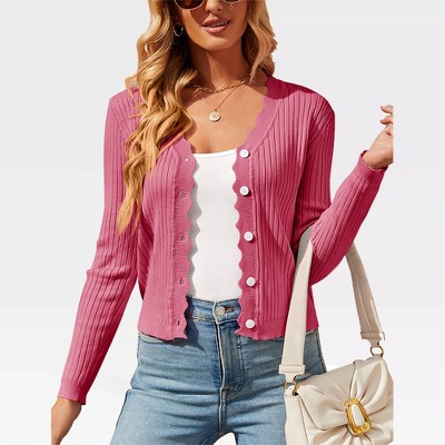 Women's V Neck Lightweight Knit Cardigan with Long Sleeves and Front Button Down Elegant Shrugs for Dresses,Peach - 2XL