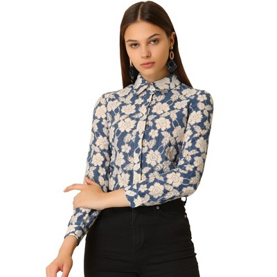 INSPIRE CHIC Women's Lace Floral Semi Sheer Work Button Down Collar Shirt