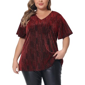 Women's Plus Size Metallic V Neck Short Sleeve Party Club Blouse - Agnes Orinda - 1 of 4