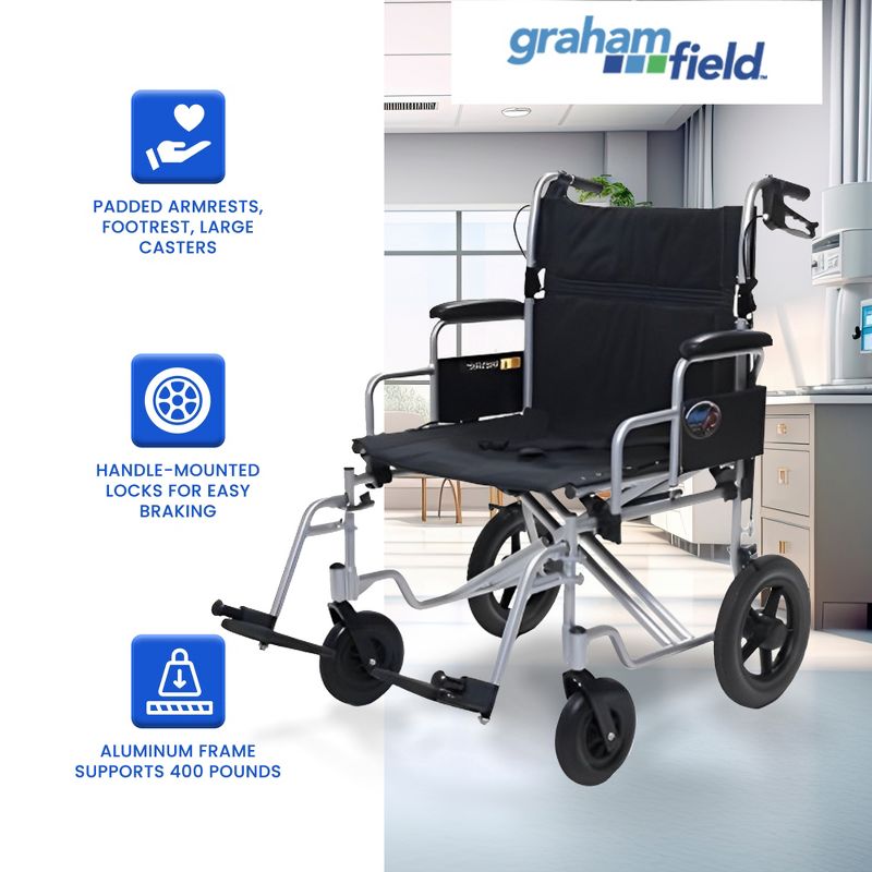 Graham Field EJ777-3 Aluminum 24 Inch Durable Foldable Bariatric Transportation Wheelchair with Padded Armrests, Footrest, and Wheel Locks, Black, 4 of 8