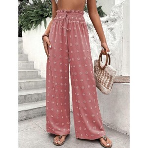 Women Polka Dot Wide Leg Long Pants Summer Fall Casual High Waist Trousers - 1 of 4