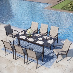 Captiva Designs 9pc Patio Dining Expandable Steel Rectangle Table & Brown Textilene Fixed Chairs - 1 of 4