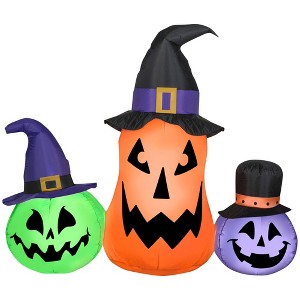 Gemmy Airblown Inflatable Whimsical Pumpkin Trio w/Hats Scene, 4.5 ft Tall, Multi - 1 of 2