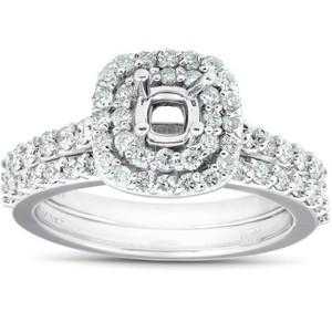 Pompeii3 3/4Ct Double Cushion Halo Diamond Engagement Ring Setting Mount 14k White Gold - 1 of 4