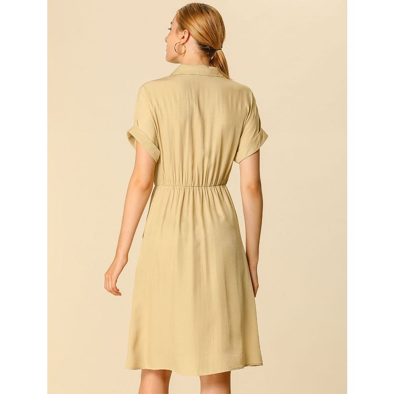 Allegra K Women's Notched Lapel Elastic Waist Pocket A-Line Safari Shirt Dresses, 5 of 7