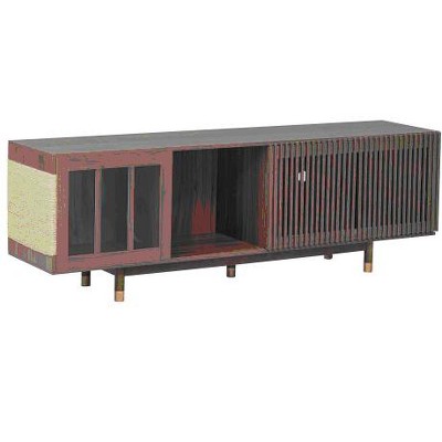 GreenEver Mid-century modern style Walnut TV STAND Cat house pet friendly With Sliding door flip-down