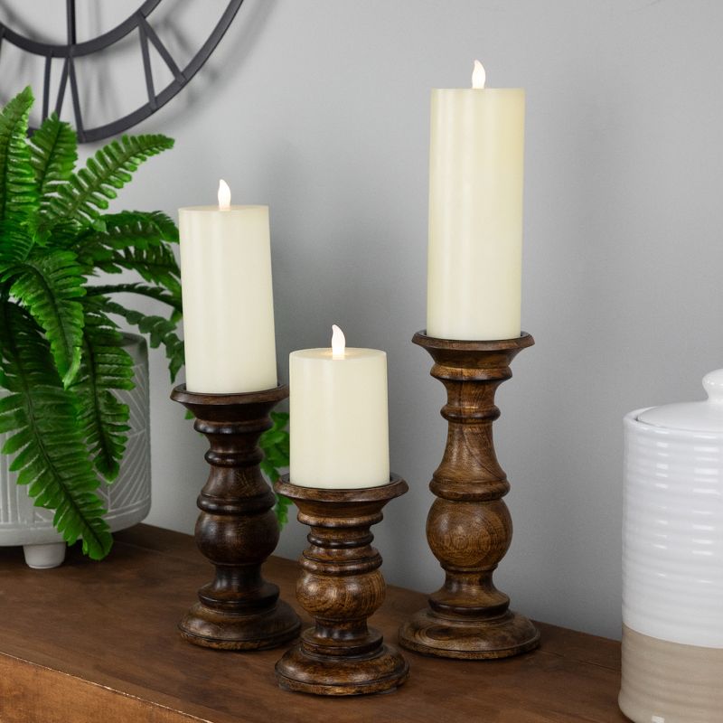 Northlight Set of 3 Walnut Brown Natural Wooden Pillar Candle Holders 10", 2 of 6