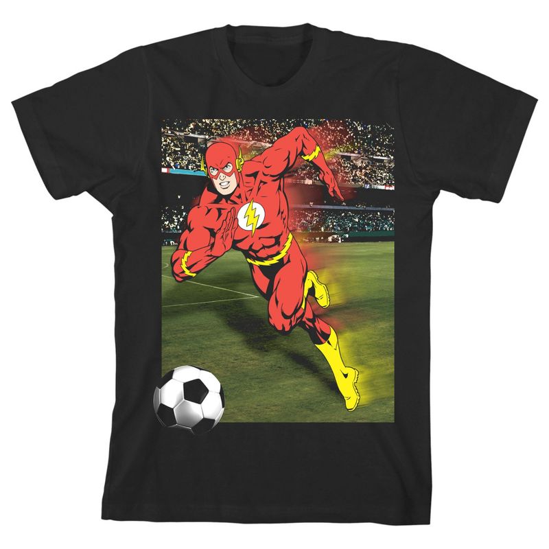 The Flash Playing Soccer Black Graphic Tee Toddler Boy to Youth Boy, 1 of 4