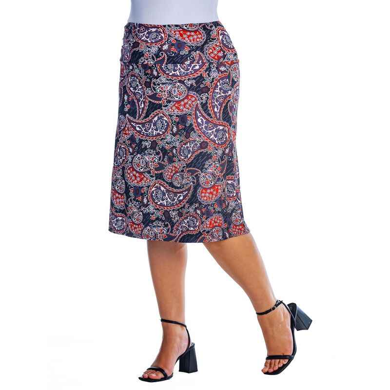 Womens Plus Size Grey Paisley Elastic Waist Knee Length Skirt, 2 of 5