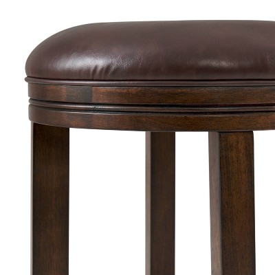Distressed Walnut and Leather Backless Bar Stool, 29 in